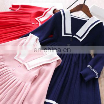 Autumn new products girls 3 colors into pleated knitted navy dress children's wear