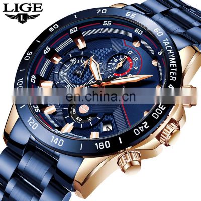 Lige 9982 Luxury Brand Mens Quartz  Watches Stainless Steel Chronograph Brand Man Wristwatch Relogio Masculino