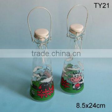 cylinder decal airtight glass milk bottle with metal handling
