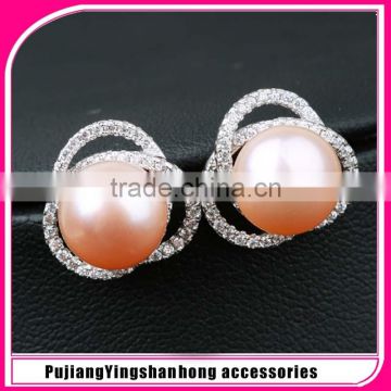 2016 hot New elegant natural pearl and zirconia stud earrings in 925 sterling silver