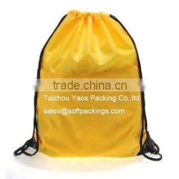 eco polyester shopping bag, fabric drawstring gift bag with custom logo, drawstring backpack bag with front zipper pocket