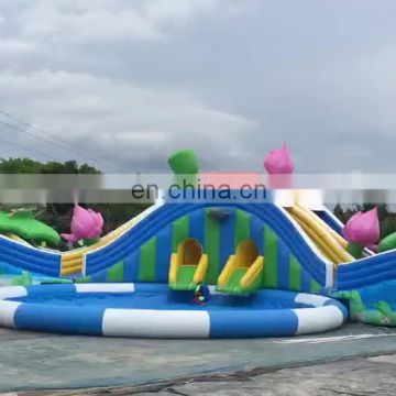 Outdoor Blow Up Aqua Park Lotus Flower Frog Theme Slide Inflatable Water Amusement Park with 3 Pools
