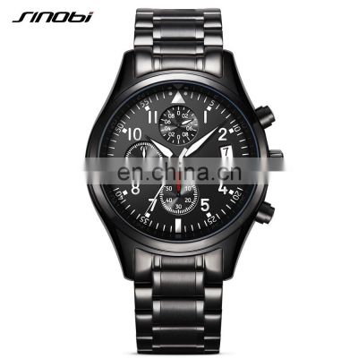 SINOBI Pilot Wrist Watch Cool Dark Black S9639G Three Small Dial with Luminous Pointers Custom Watches Accepted  jam tangan pria