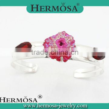 Christmas Gifts Precious Natual Stone Pink Druzy Agate Red Topaz 925 Silver Adjustabe Cuff Bangle
