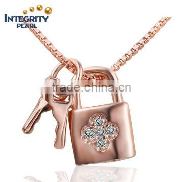 rose gold plated Brand Jewelry Lady's CZ Stone Paved Silver Key Pendant Necklace