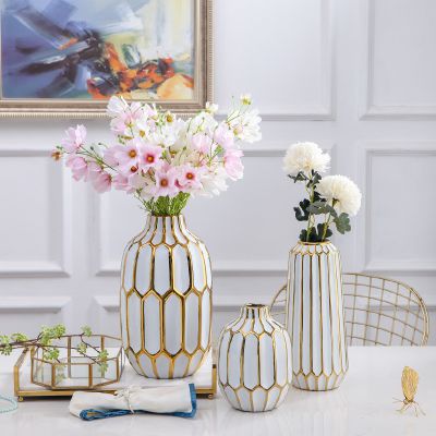 Nordic Ins Style Gild Large White Gold Chinese Jingdezhen Ceramic Flower Vase For Hotel Decor