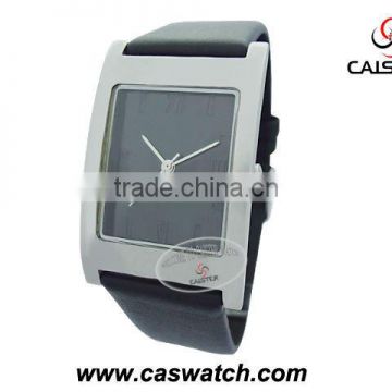 Simple thin black leather watch with square-shape case