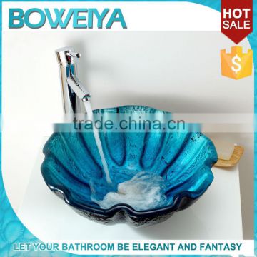 Chinese Shower Room Flower Design Printed Glass Small Sink