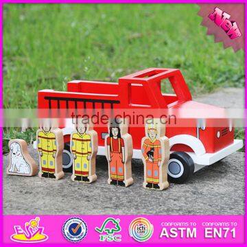 2017 New products dog and four firemen wooden toy fire trucks W04A315