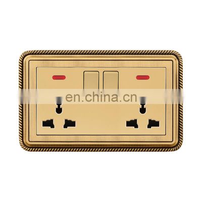 Universal Type 146 Double 3 pin Wall Socket With Switch Copper Wire Drawing Panel Sockets And Switches Electrical With LED Light
