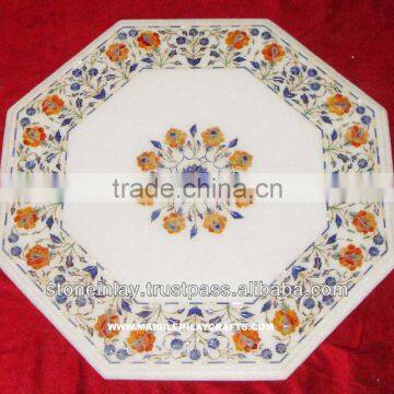 White Indian Marble Inlay Coffee Table Top Pietra Dura Art