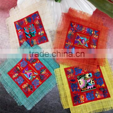Double Layer Ramie Fabric Coaster With Embroidery At Center