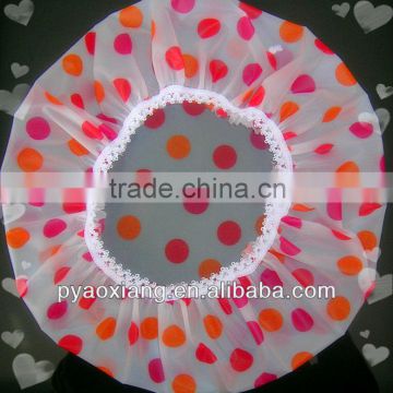 New style factory supply fancy orange and red dots printed environmently friendly shower caps or hats for hotel and home,etc.