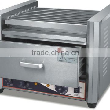 Seven roller hot dog grill machine with warmer