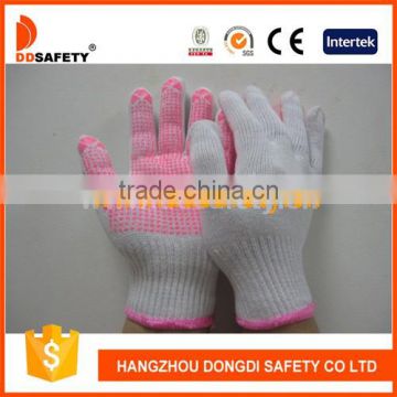 DDSAFETY 2017 7G Bleach Cotton Polyester String Knitting Pink PVC Dots Safety Working Gloves