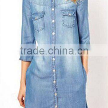 EY1932B Hot selling classical shirt dress apparel fashion rolled sleeves denim dress