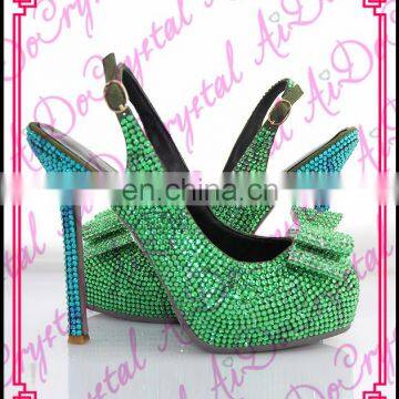 Aidocrystal handmade green with bow closed toe diamond crystal women slingback high heel shoes for bridal wedding