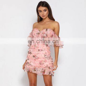 New Arrivals 2020 Women Backless Off Shoulder Floral Dress Lady Mini Print Casual Summer Dresses