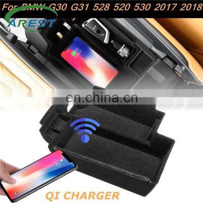 Fast Charging Car Phone Wireless Charger Central Armrest Storage Box Coin box Key Pen Organizers For G30 G31 5-Series 2017 2018