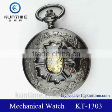 Fashional black stainless pocket watch mechanical movt