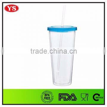 Transparent plastic insulated cup with straw 20 ounce