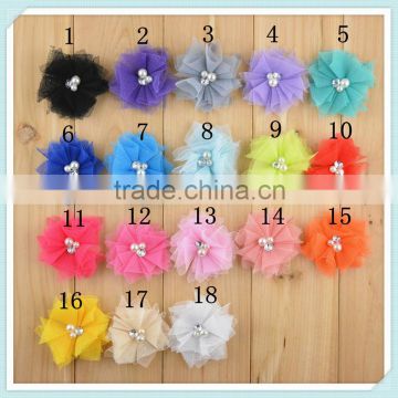 2" petal feather chiffon fabric flower for baby hair accessories rhinestones center lace flower