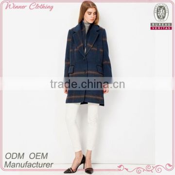 2014 new stylish blue plaid wool blend oversize women blazer coat