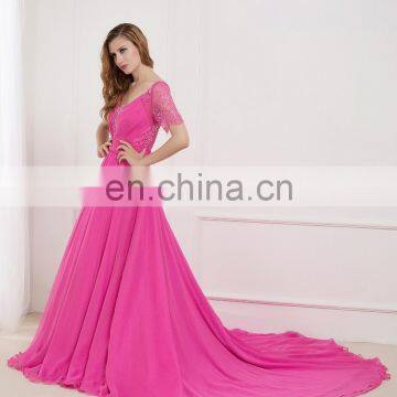 C5001 Rose red chiffon with beading lace bridal dress