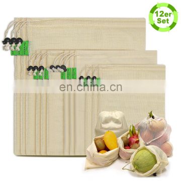 Reusable Produce Bags Durable Organic Cotton Mesh Produce Bags ECO-Friendly Grocery Bags with Tare weight 4 Sizes 12 Packs