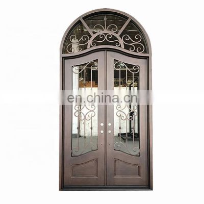 decorative small arched transom design security exterior vented glass double swing open outside wrought iron front entry door
