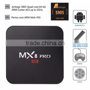 MX8 Pro Amlogic S905 android 5.1 Quad Core kodi Mx8 Pro TV Box wifi kodi fully loaded ott tv box