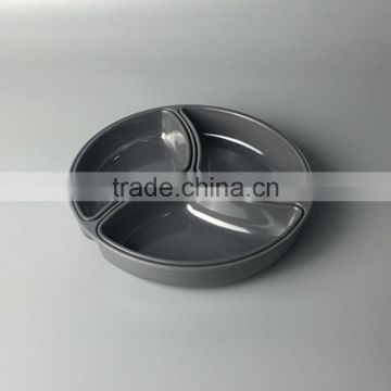 round black compartment dinner melamine as ceramic divided plate for restaurant soy sauce