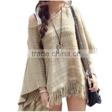Spring smiles Korean style autumn and spring hollow out fashion solid khaki free size knit with tassel women sweater