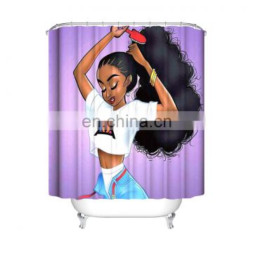 Popular Shower Curtain Black Art African American Girl Black Afro Women Bath Curtain Shower Curtains Set with Hooks Purple