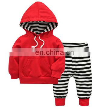 Fall Winter 2pcs red Striped  hooded Pullover Outfits shirt pants  hoody toddler baby boy clothes sets sweatshirt outfit
