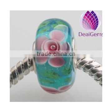 Handmade Fashion green large hole glass beads with pink flowers