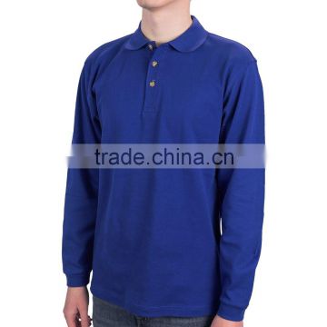 100% Cotton Custom Men Long Sleeves Blue Polo Shirt with Knitted Cuffs & Collar