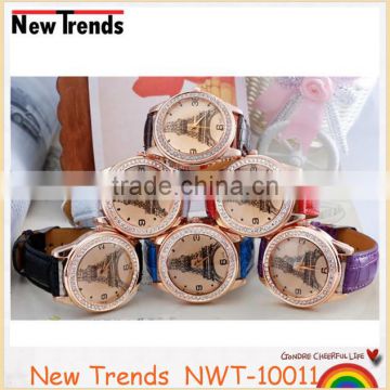 2016 classical and fashionable Eiffel Tower rhinestone leather wrist watch