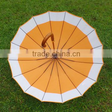 16 Panels Crooked Wonden Handle Wooden Shaft and Top Straight Umbrella