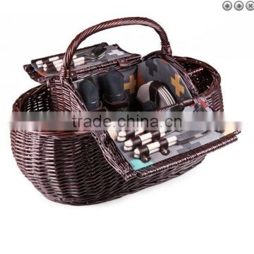 Dark Stained Hand Woven Willow Picnic Basket for Wine