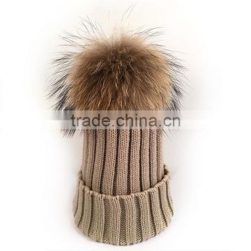 Myfur Winter Unisex Knitted Caps With Raccoon FurPompoms Hats