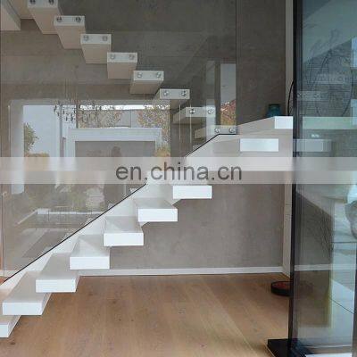 White finish wood  step led stairs with tempered glass balustrade