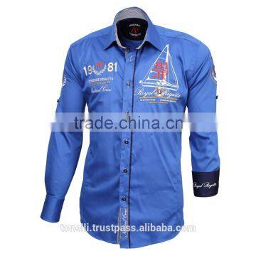 Stylish dark blue long sleeve embroidered satin pure cotton shirts for men
