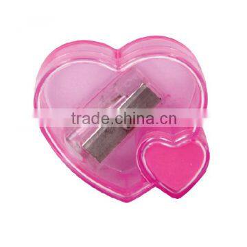 2016 cheapest cute fancy double heart shape transparent plastic pencil sharpener for school office kids