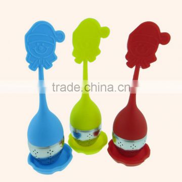 Christmas Santa Claus Handle Stainless Steel Strainer filter Infuser Silicone Tea Infuser With Drip Tray