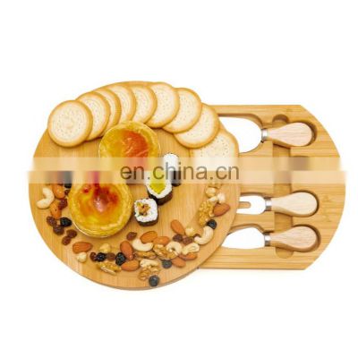 Bamboo Cheese Board 100% Natural with 3 Piece Cutlery Set Cheese Platter Hidden Cutlery Drawer