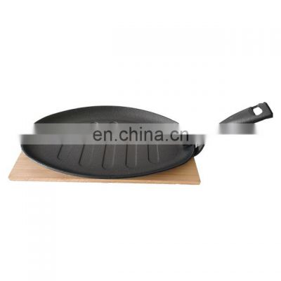 Wholesale Oval Cast Iron Skillet With Wooden Tray Non Stick Pan Sizzle Platter
