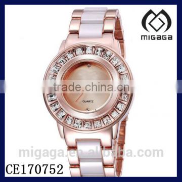 fashion flat CZ crystal bezel rose gold plated women's watch ceramic strap