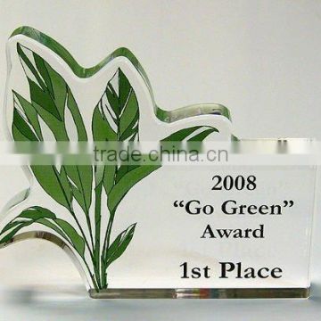 lucite green plant trophy display stand