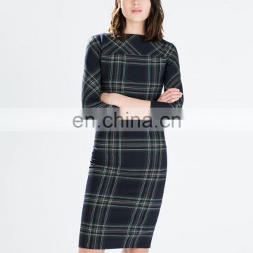 2015 hot selling 3/4 sleeve vintage plaid H-shape casual gentlewomanly dress newest design